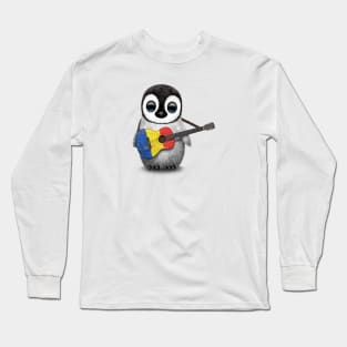 Baby Penguin Playing Romanian Flag Guitar Long Sleeve T-Shirt